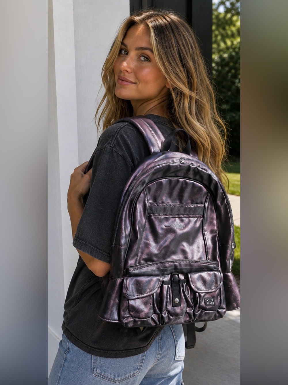 Vintage Oakley Utility Backpack Purple Metallic Graffiti Lined Y2K Techwear Skat
